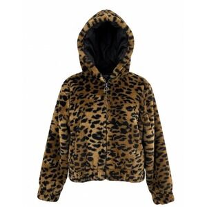 Wild‎ Fable Women's M Leopard Print Fuzzy Faux Fur Zip Up Jacket Animal Ears